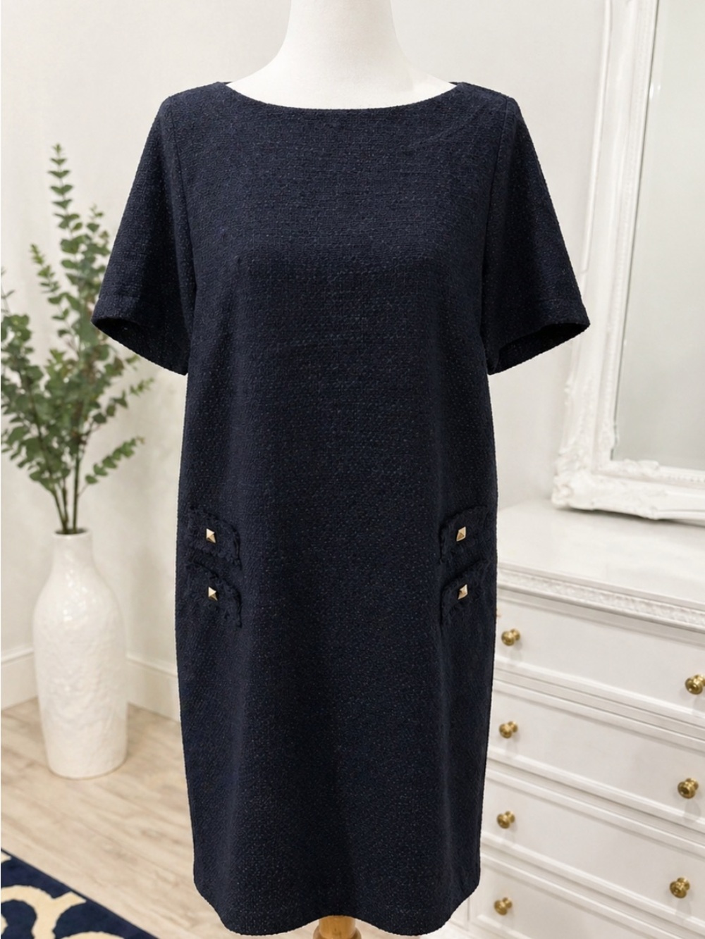 Navy Textured Short-Sleeve Midi Dress